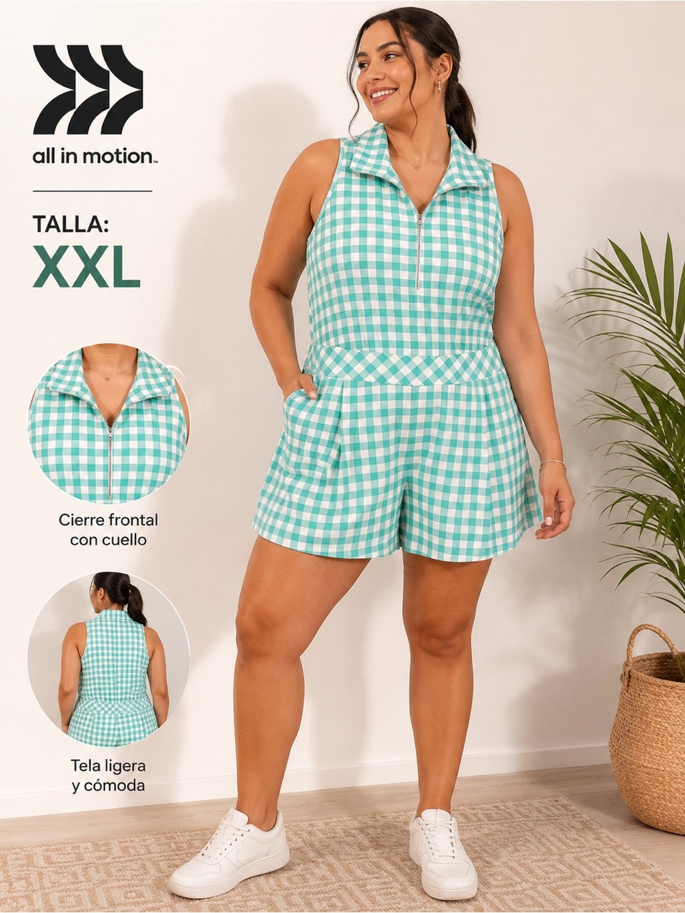 all in motion Mint Gingham Sleeveless Zip-Front Romper